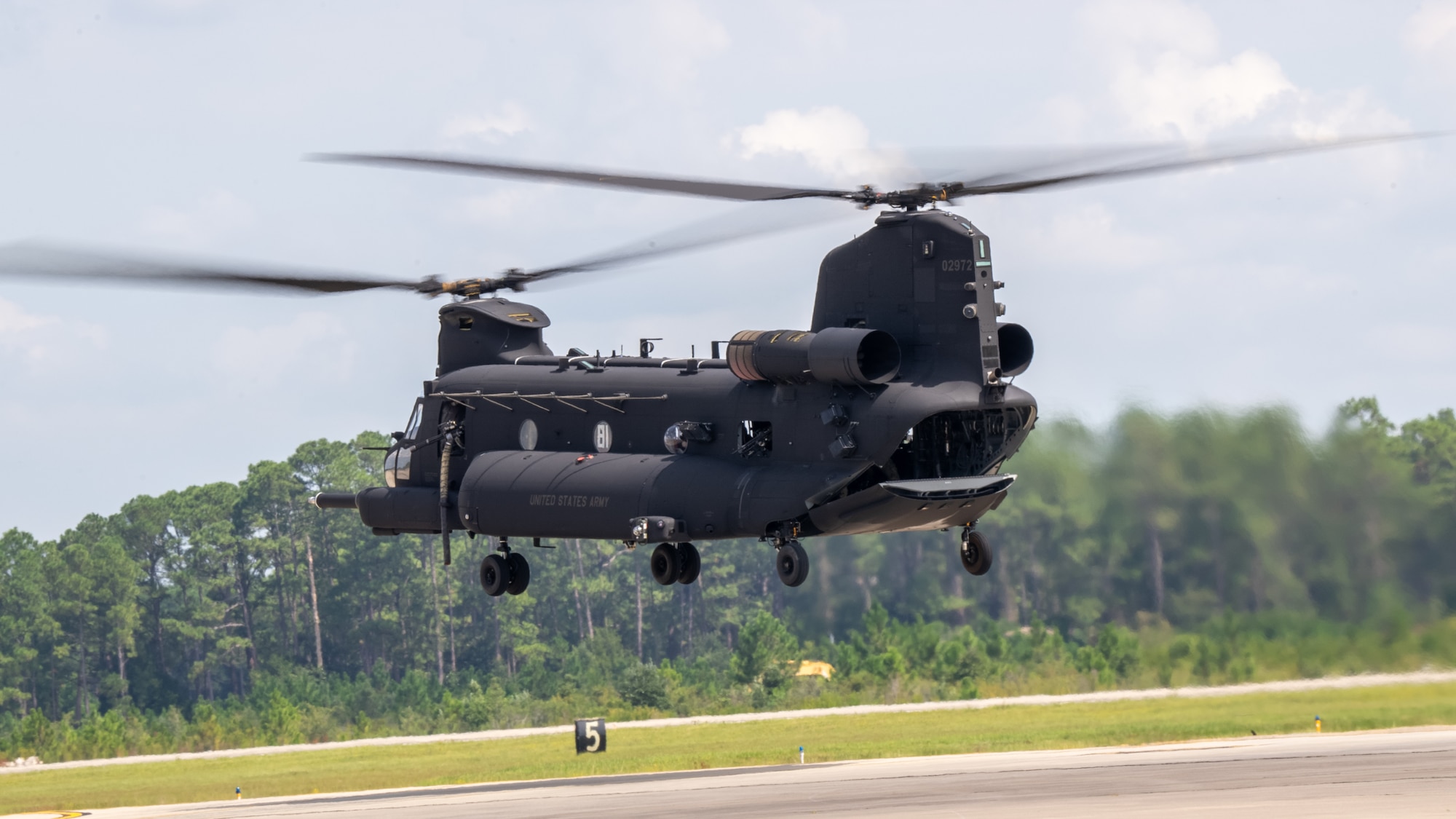 An MH-47G Chinook helicopter assigned to the 160th Special Operations Aviation Regiment takes off from the flight line during the 94th Joint Civilian Orientation Conference at Hurlburt Field, Florida, Sept. 21, 2023. JCOC is the Department of Defense’s public liaison program, designed to provide American business and community leaders with a deeper understanding of the military by showcasing the rewards and challenges service members face both on and off the battlefield.