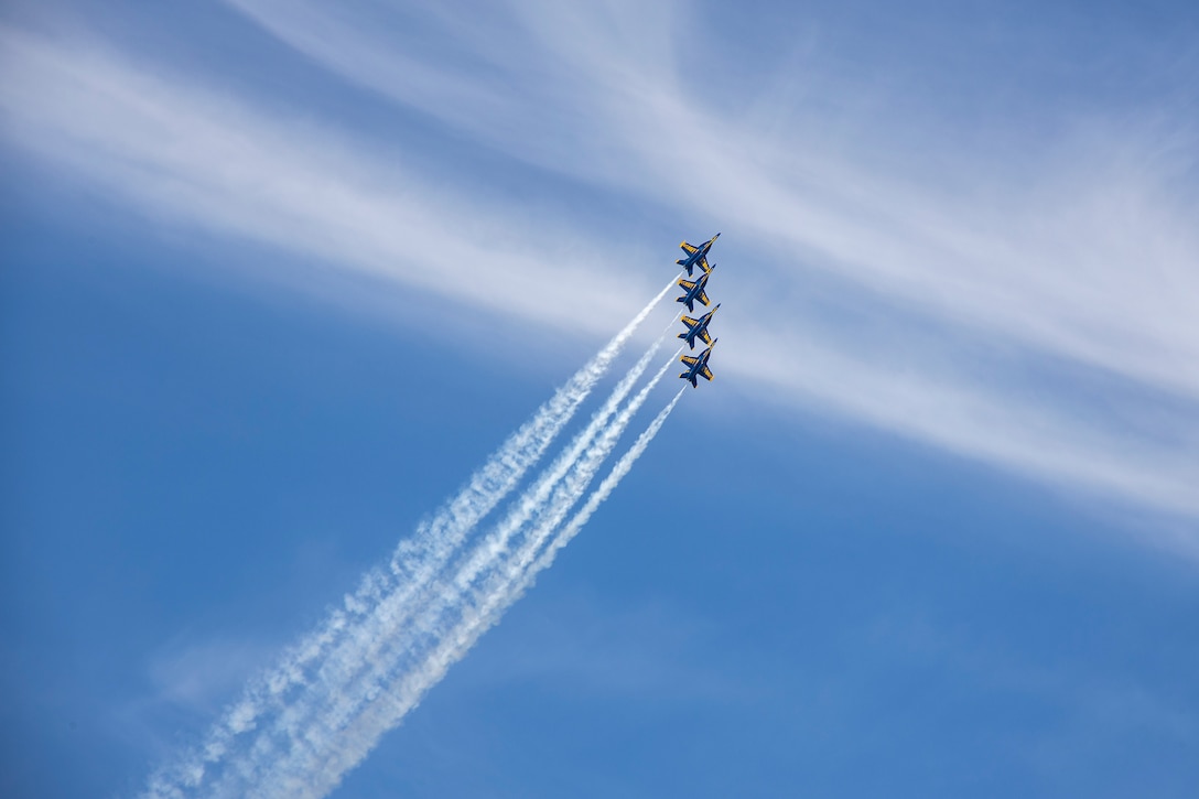 U.S. Navy Flight Demonstration Squadron, the Blue Angeles, fly over Lake Washington during the Seafear Festival at Genesee Park, Seattle, Aug. 4, 2023. The Seafair Festival and Seattle Fleet Week offer people in the tri-state area an unparalleled opportunity to meet U.S. Marines, U.S. Navy Sailors, and U.S. Coast Guardsmen, and learn about the latest maritime capabilities. (U.S. Marine Corps photo by Sgt. Yvonna Guyette)