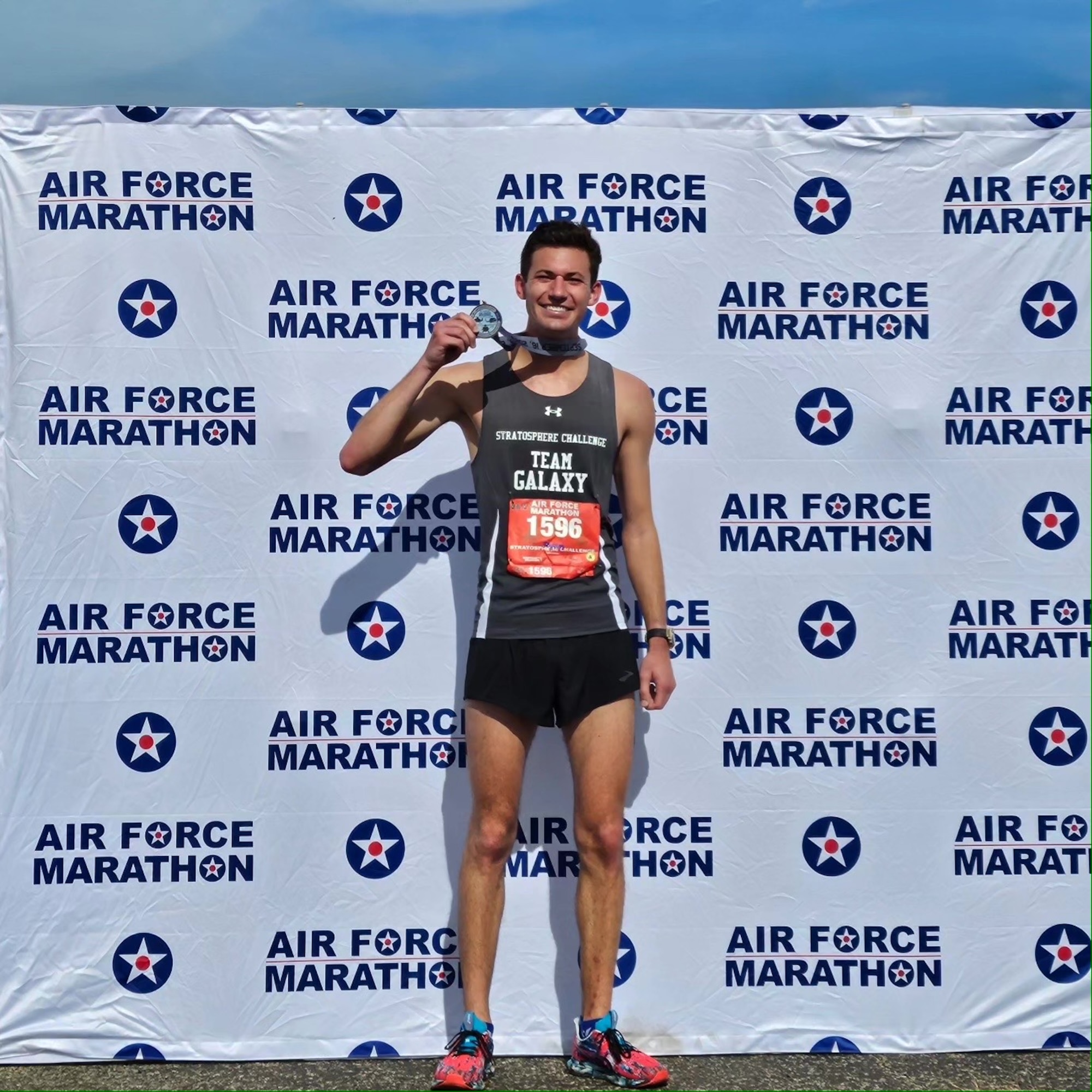 U.S. Space Force 1Lt Ryan Kirk poses with his Air Force Marathon finishers medal at Wright-Patterson Air Force Base, Ohio, Sept. 16, 2023. Running on behalf of the Department of the Air Force Sports program, Kirk finished the 26.2-mile race in 2:57:14.