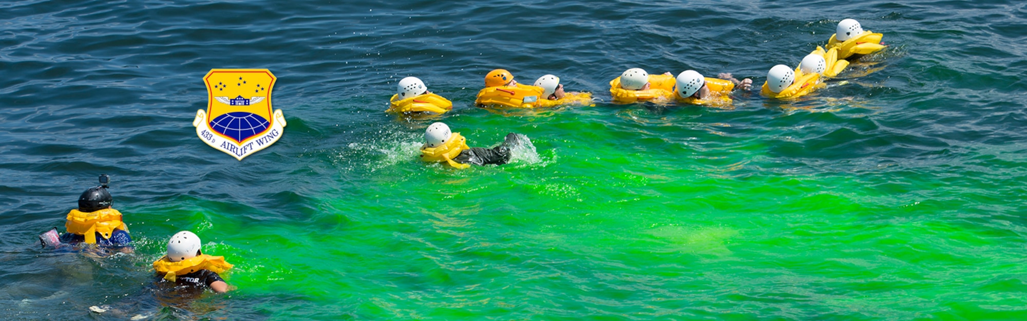 Airmen from the 433rd Airlift Wing, Joint Base San Antonio conduct water survival training during Exercise Alamo Express in the Gulf of Mexico, Sept. 17, 2016. Alamo Express is the 433rd AW’s premier training exercise that prepares Airmen for real-world situations. During the exercise, aircrew will conduct land and water survival training, cargo uploading and downloading, communications, aerial port procedures, transportation and oversight of the total air mobility process. (U.S. Air Force photo by Staff Sgt. Matthew B. Fredericks)