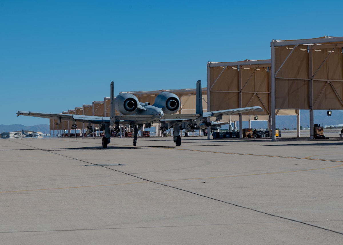 An A-10 Thunderbolt II aircraft assigned to the 357th Fighter Squadron travels down the flightline on Davis-Monthan Air Force Base, Ariz., Oct. 3, 2023. The A-10 took off on the tarmac minutes after departing the hangar. (U.S. Air Force photo by Airman 1st Class Robert Allen Cooke III)