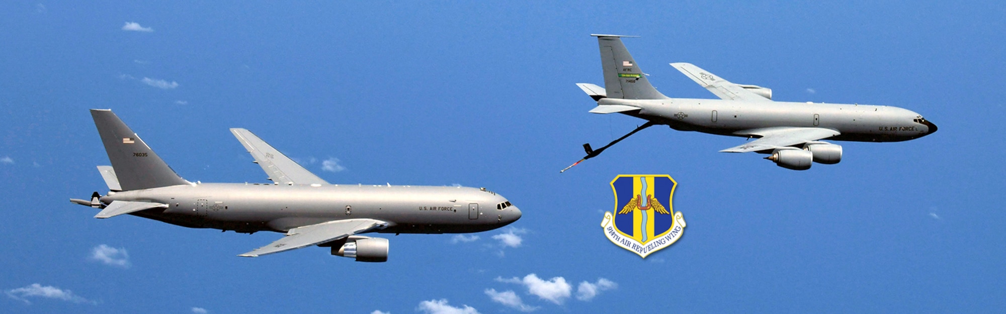 Aircrews from the 77th Air Refueling Squadron out of the 916th Air Refueling Wing flies two KC-135 Stratotankers to rendezvous with a KC-46A Pegasus from the 22 ARW operating out of Pease Air Force Base, Portsmouth, New Hampshire, Aug. 4, 2019. The 916 ARW is in airframe transition to the KC-46. (U.S. Air Force photo by Staff Sgt. Mary McKnight)