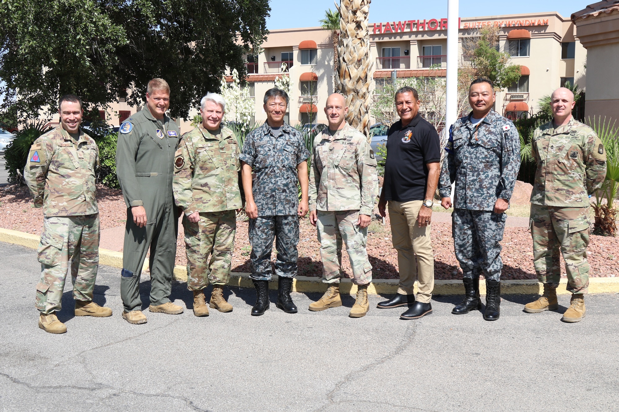 From left to right, U.S. Air Force Master Sgt. John Reeves, Pacific Integrated Air and Missile Defense Centers senior enlisted advisor, U.S. Air Force Col. Lynn Savage, Pacific IAMD Center director, U.S. Air Force Maj. Gen. Erich Novak, Mobilization Assistant to the Pacific Air Forces Commander, MG. TOKUSHIGE Koichi, Commander Japan Air Self-Defense Force Air Tactics Development Wing, U.S. Army Col. Matthew Dalton, 94th AAMDC deputy commanding officer,  Carlos Betancourt, Pacific IAMD Center partner engagement lead, JASDF Col. TANAKA Shingo, JASDF Air Defense Missile Training Group commander, and U.S. Army Sgt. 1st Class Matthew Plowman Pacific IAMD Center non-commissioned officer in charge pose for a group photo during the Defense Design Workshop, El Paso, Texas, September 25-30, 2023. (Courtesy photo by U.S. Army Sgt Christian Morton)