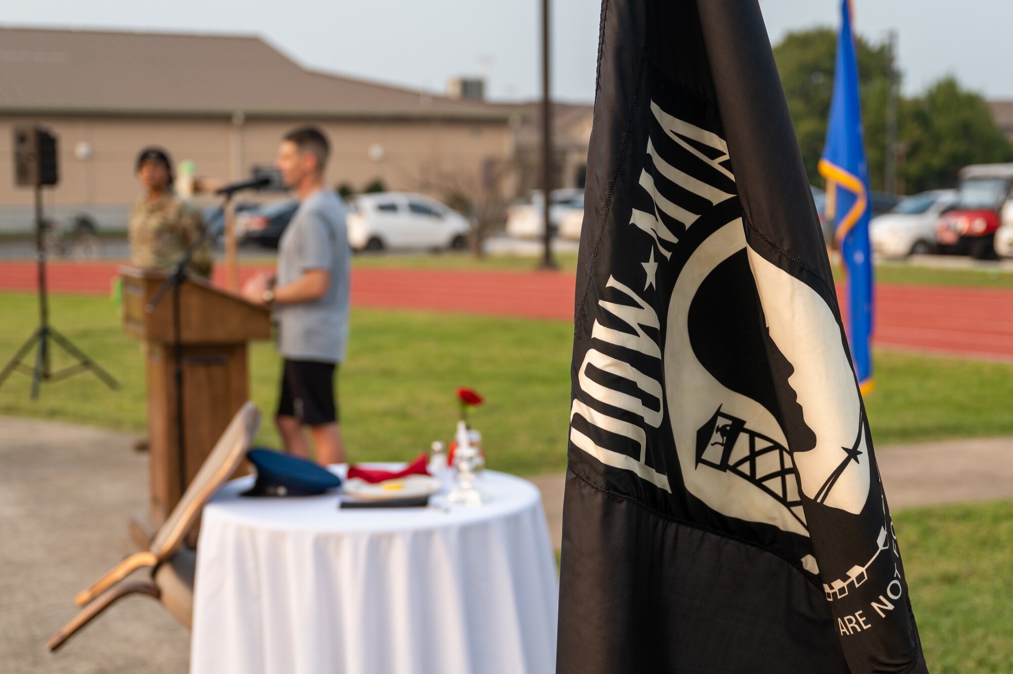 Col. Timothy B. Murphy delivers closing remarks after finishing 24-hour POW-MIA remembrance run at Kunsan Air Base.