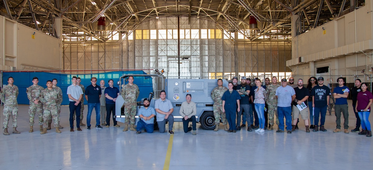 The Air Force Research Laboratory evaluation team successfully demonstrated a flightline test to power a KC-135 tanker using an Electric Ground Power Unit and Cart Test at Edwards Air Force Base, Calif., Aug. 14-17, 2023. To increase future energy agility, AFRL teamed with collaborators to build and test electric and hybrid flightline equipment and vehicles that demonstrate many benefits relative to internal combustion engine-based platforms. (U.S. Air Force photo / Carla Escamilla, 412th Test Wing Public Affairs)