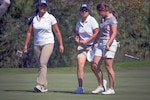 From left to right: Air Force 1st Lt Kimberly Liu of Minot AFB, N.D., Army Capt. Melanie De Leon of Fort Cavasos, Texas and French Soltat, Pauline Stein finish the second round of golf placing first, second, and third respectively during the 14th Edition of the Conseil International du Sport Militaire (CISM) World Military Golf Championship held at the Admiral Baker Golf Course in San Diego, Calif., hosted by Naval Base San Diego, Calif.  Nations from Bahrain, Canada, Denmark, Dominican Republic, Estonia, France, Germany, Ireland, Italy, Kazakhstan, Kenya, Latvia, Netherlands, Sri Lanka, Tanzania, Zimbabwe, and host USA compete for gold. Department of Defense Photo by Mr. Steven Dinote - Released.