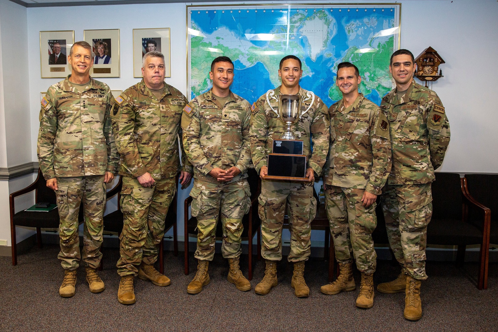 Army Gen. Daniel Hokanson, chief of the National Guard Bureau, meets with the National Guard cyber team that won the 2022 SANS NetWars Department of Defense Services Cup cybersecurity competition at the Pentagon Sept. 22, 2023. Teams from all service branches took part in the two-day competition, with the Guard team taking top honors for the third consecutive year.