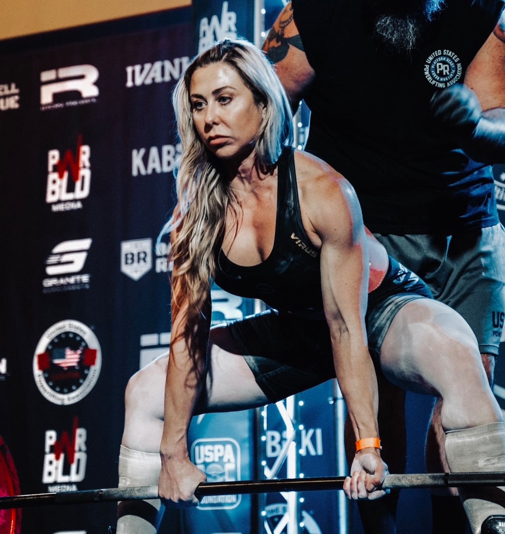 Master Sgt. Sarah Chambers, a member of the 109th Airlift Wing, New York Air National Guard, competes at the United States Powerlifting Association 2023 Drug Tested National Championship in Las Vegas, Nevada, July 10, 2023.