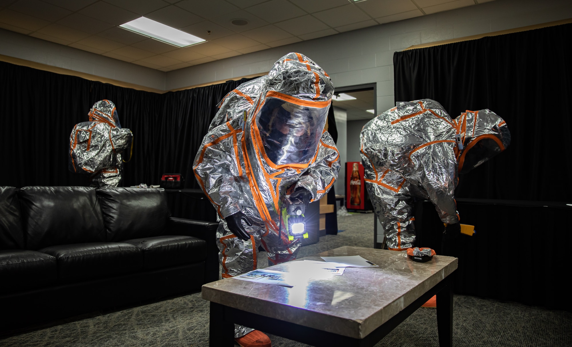 Members of the Kosovo Security Force Hazardous Materials Company discover clues that lead to a planted, homemade explosive device in a training scenario in Wells Fargo Arena in Des Moines, Iowa, Sept. 21, 2023. The KSF worked with the 71st Civil Support Team, Iowa National Guard — their partners in the Department of Defense National Guard Bureau State Partnership Program.