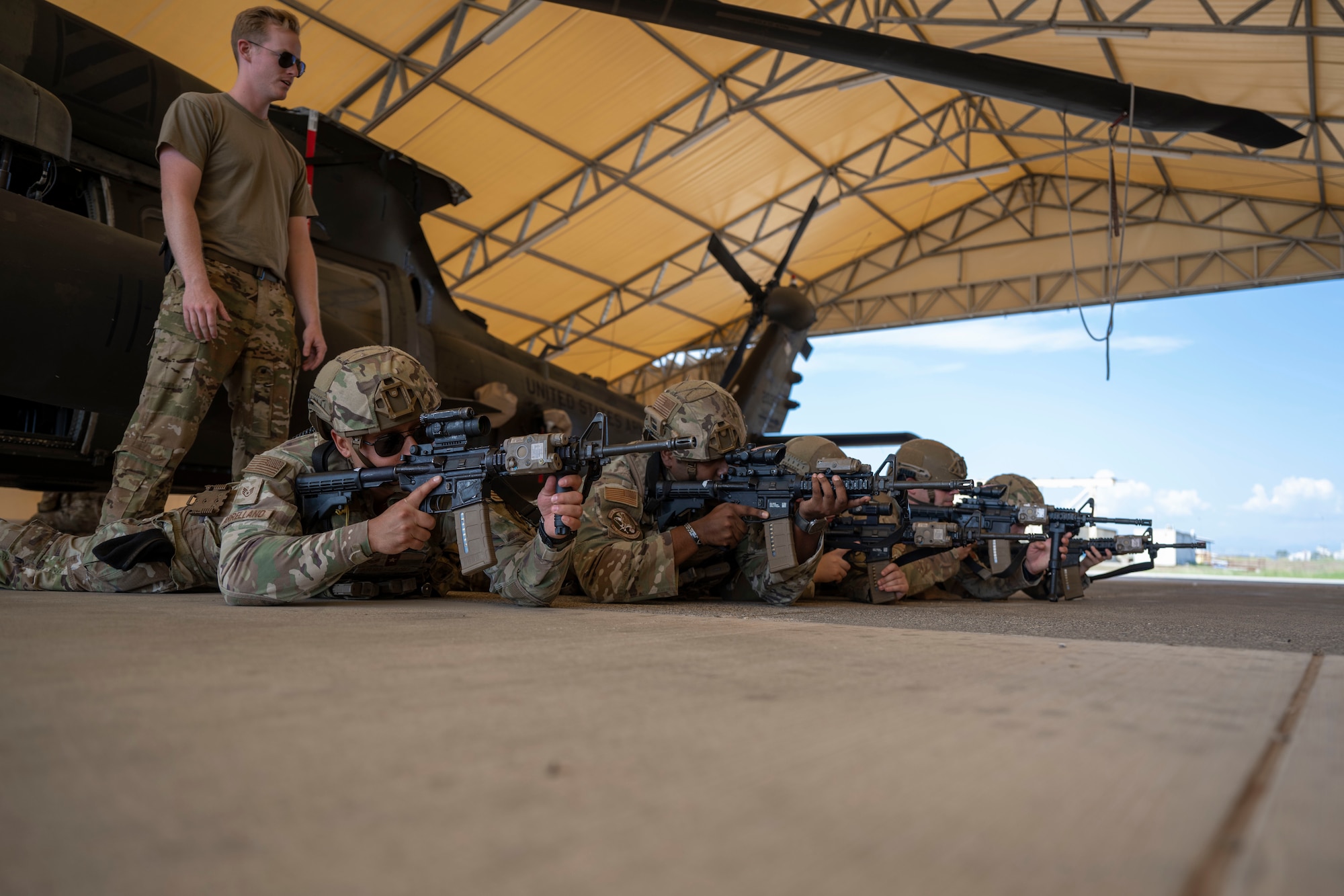 U.S. Air Force members assigned to the 39th Security Forces Squadron participate in helicopter familiarization training at Incirlik Air Base, Türkiye, Oct. 3, 2023.