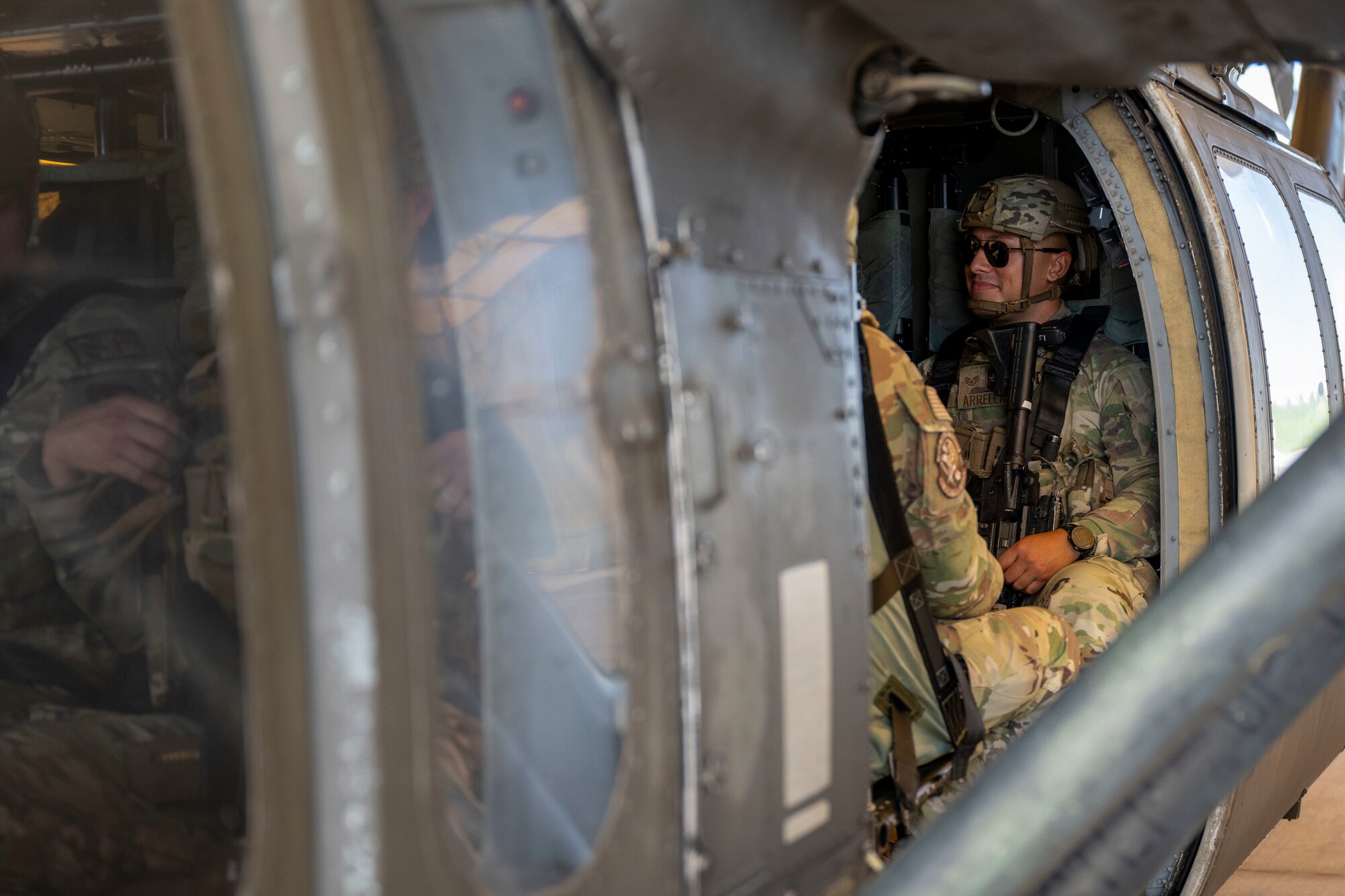 U.S. Air Force Staff Sgt. Aaron Arrellano, 39th Security Forces Squadron response force member, participates in helicopter familiarization training at Incirlik Air Base, Türkiye, Oct. 3, 2023.