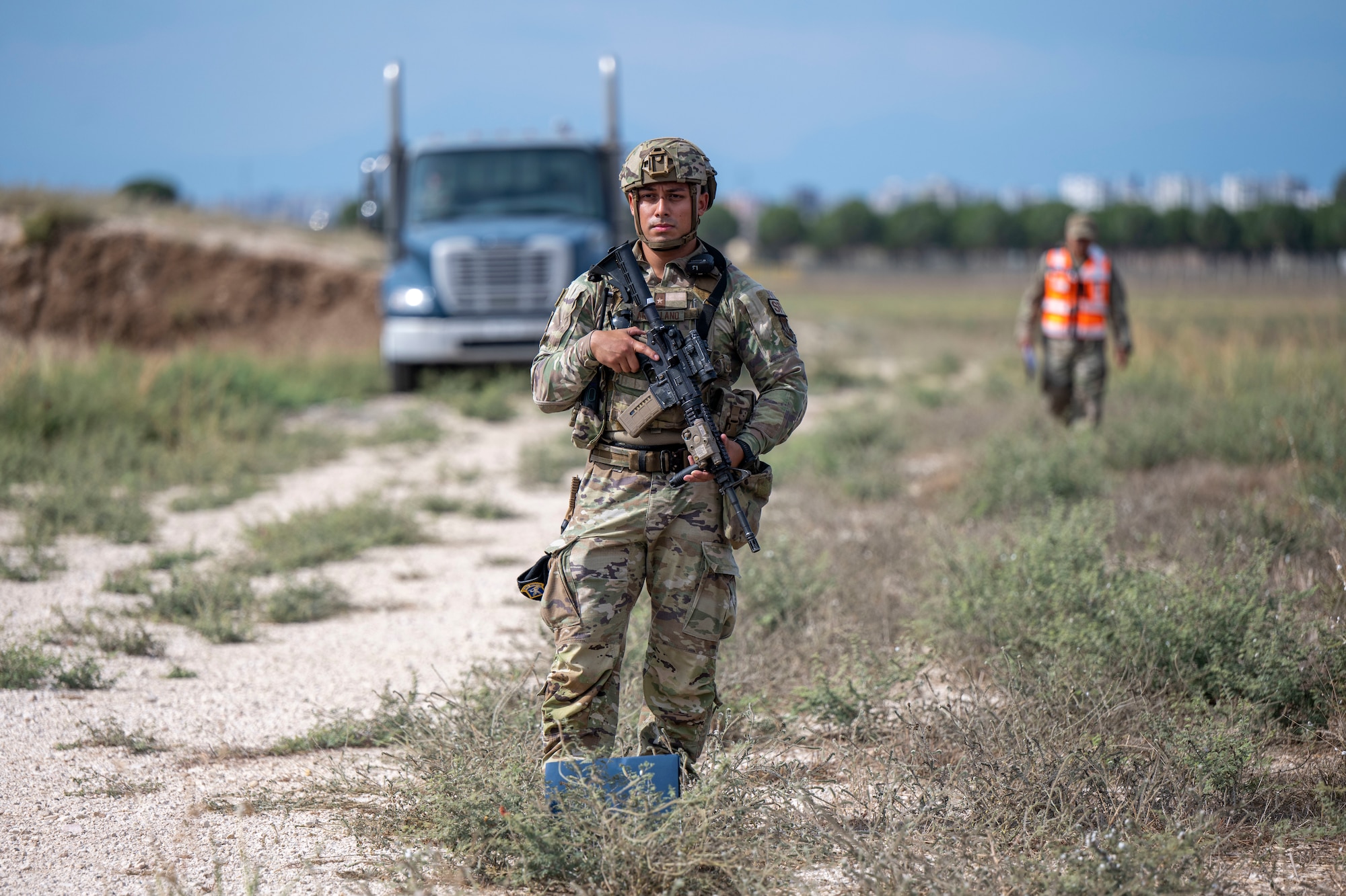 U.S. Air Force Staff Sgt. Aaron Arrellano, 39th Security Forces Squadron response force member, stands guard during a readiness exercise at Incirlik Air Base, Türkiye, Oct. 3, 2023.