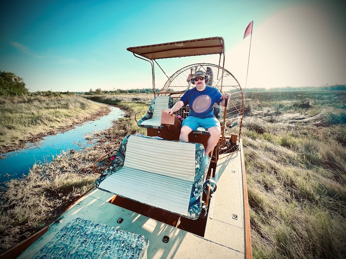 U.S. Space Force Master Sgt. Gary Meiman, Space Launch Delta 45 Intelligence flight chief, pilots an airboat at Homosassa springs, Florida, sept. 30, 2023. Meiman used his airboat to help those affected by Hurricane Idalia. (Courtesy photo)