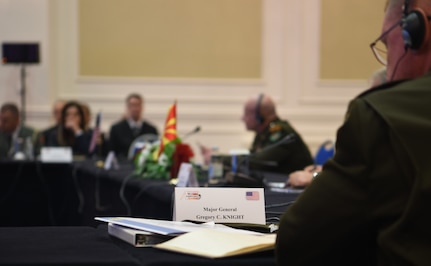 U.S. Army Maj. Gen. Greg Knight, adjutant general, Vermont National Guard, listens to a speaker during the 26th US-Adriatic Charter Chiefs of Defense Conference (CHOD) in Skopje, North Macedonia, September 27, 2023.