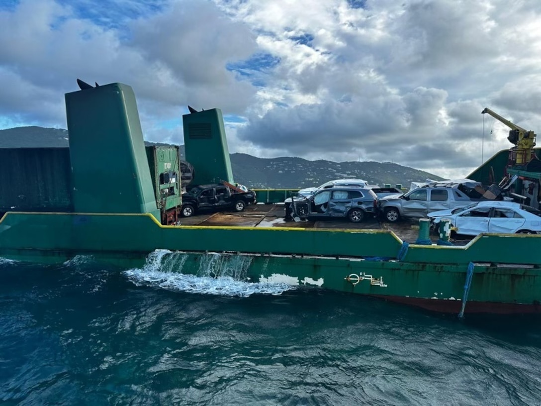 Photo of the cargo vessel Bonnie G aground, approximately half a nautical mile south of the Cyril E. King airport in the U.S. Virgin Islands Oct. 5, 2023.  Coast Guard response personnel at the scene reported the Bonnie G. appeared to be stable and no visible signs of oil pollution or an active fuel discharge. An Incident Command has been established at Marine Safety Detachment St. Thomas and at Coast Guard Base San Juan to oversee response efforts in this case. (U.S. Coast Guard photo)