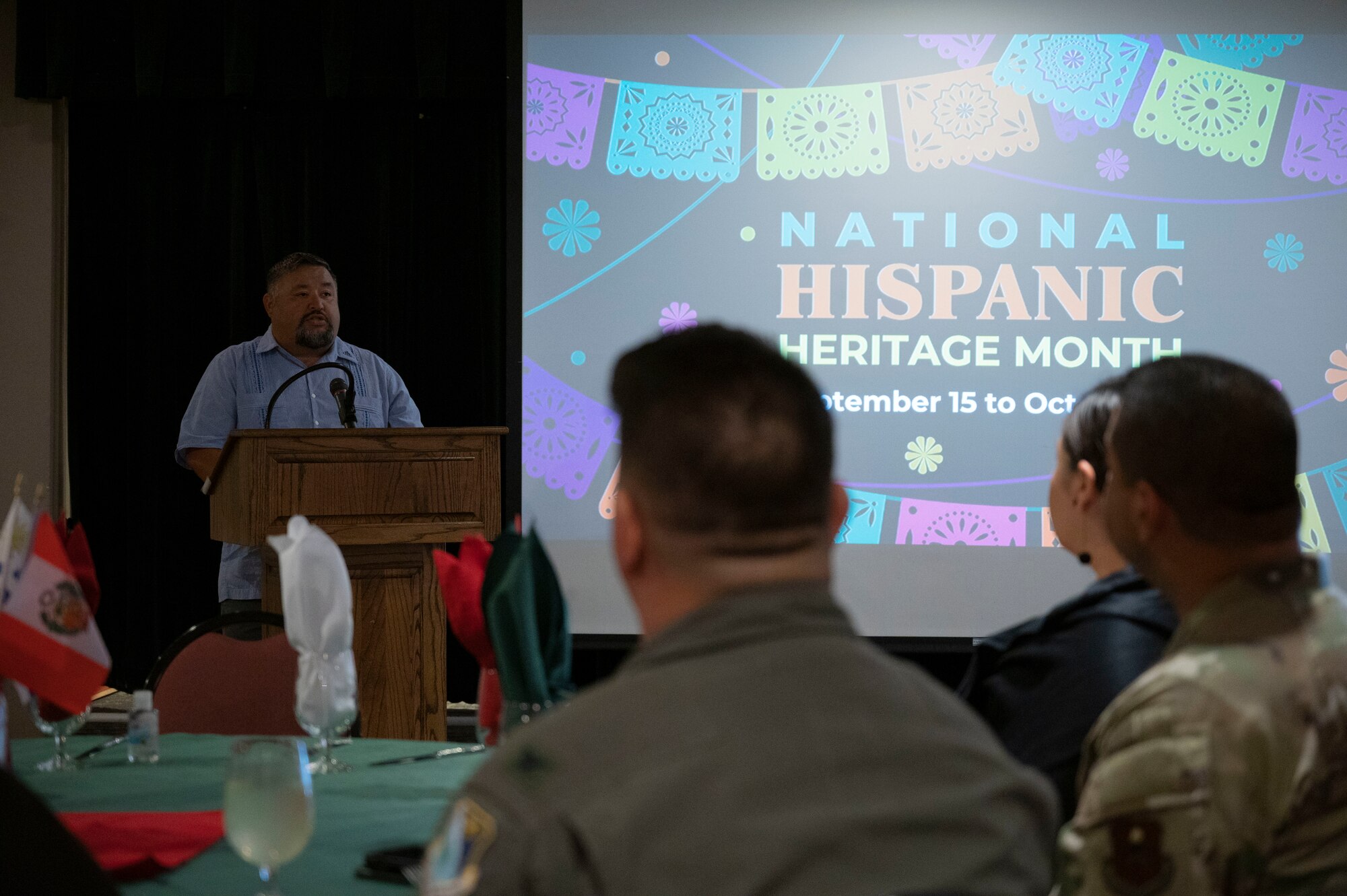 Eddie Amezcua, Del Rio local business owner, speaks to Airmen during a Hispanic Heritage Month luncheon at Laughlin Air Force Base, Texas, Sept. 29, 2023. Amezcua shared his family’s rich history and culture, and emphasized the important contributions that diversity creates. (U.S. Air Force photo by Airman 1st Class Kailee Reynolds)