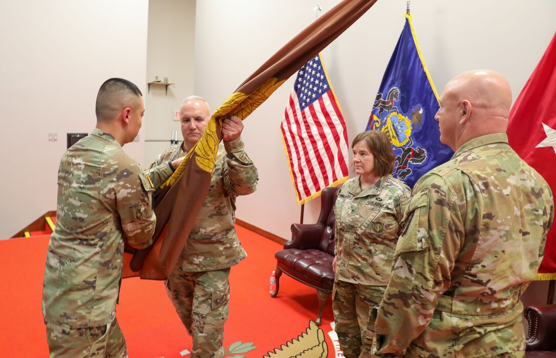 Chief Warrant Officer 5 James Fontini, the Pennsylvania Army National Guard’s command chief warrant officer, is retiring after 41 years of service. Chief Warrant Officer 5 Darren Dreher took over as CCWO Oct. 5, 2023, in a change of responsibility ceremony at Fort Indiantown Gap. (U.S. Army National Guard photo by Sgt. 1st Class Zane Craig)