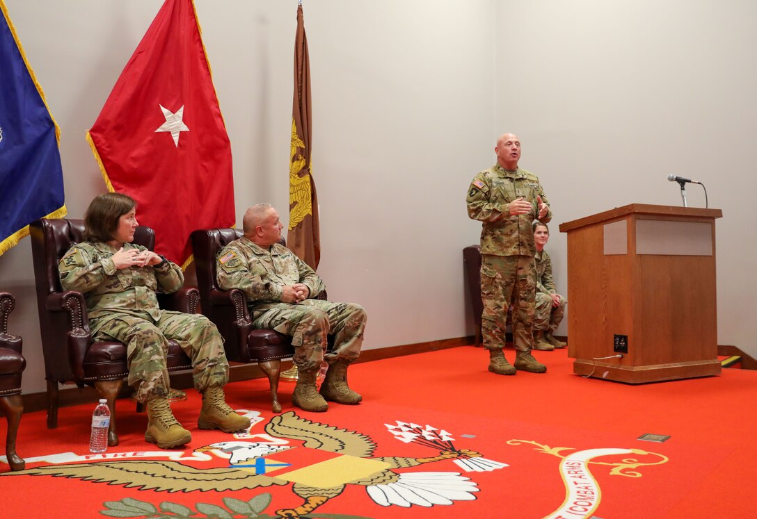 Chief Warrant Officer 5 Darren Dreher is the Pennsylvania Army National Guard’s new command chief warrant officer, taking over for Chief Warrant Officer 5 James Fontini, in a change of responsibility ceremony Oct. 5, 2023, at Fort Indiantown Gap. (U.S. Army National Guard photo by Sgt. 1st Class Zane Craig)