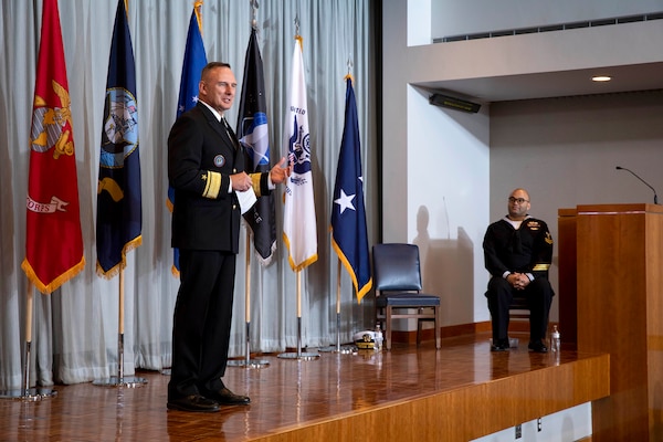 Information Systems Technician Second Class (IT2) Thomas James, Defense Intelligence Agency, receives the Navy and Marine Corps Medal at a ceremony on Peterson Space Force Base, Colo., Oct. 5, 2023.