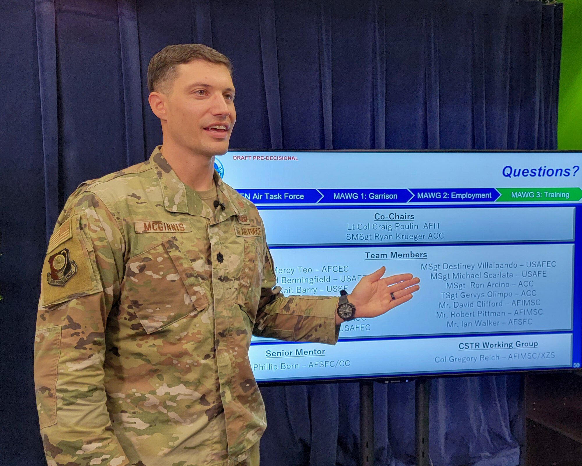 Lt. Col. Kale McGinnis, chief of the AFIMSC Resources Directorate Installation Support Branch, Joint Base San Antonio-Lackland, Texas, presents at this year’s Installation and Mission Support Weapons and Tactics Conference at Joint Base San Antonio-Lackland, Texas, Oct. 4, 2023. McGinnis was the chairperson for Mission Area Working Group 3, which was tasked with finding a solution for the topic “Combat Support Training Ranges - Providing Regional Readiness Training and Expeditionary Combat Support Certification.” Hosted by the Air Force Installation and Mission Support Center, I-WEPTAC is an annual innovation forum that leverages the expertise of Airmen and Guardians on cross-functional teams that study and develop courses of action to solve agile combat support challenges. (U.S. Air Force photo by Malcolm McClendon).