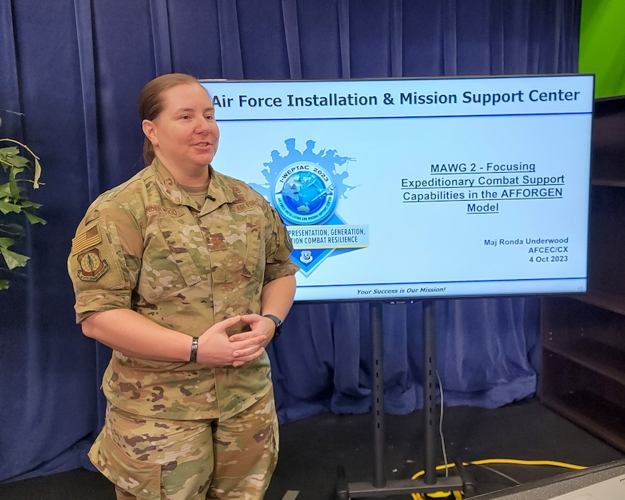Maj. Ronda Underwood, chief of the Air Force Civil Engineer Center’s Expeditionary Engineering Division, Tyndall Air Force Base, Florida, presents at this year’s Installation and Mission Support Weapons and Tactics Conference at Joint Base San Antonio-Lackland, Texas, Oct. 4, 2023.
