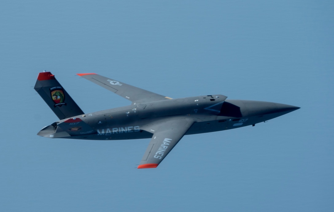 A U.S. Marine Corps XQ-58A Valkyrie, highly autonomous, low-cost tactical unmanned air vehicle, soars overhead during its first test flight at Eglin Air Force Base, Fla., Oct. 3, 2023. The XQ-58A Valkyrie test flight and the data collected inform future requirements for the Marine Corps in a rapidly evolving security environment, while successfully fueling joint innovation and experimentation opportunities.