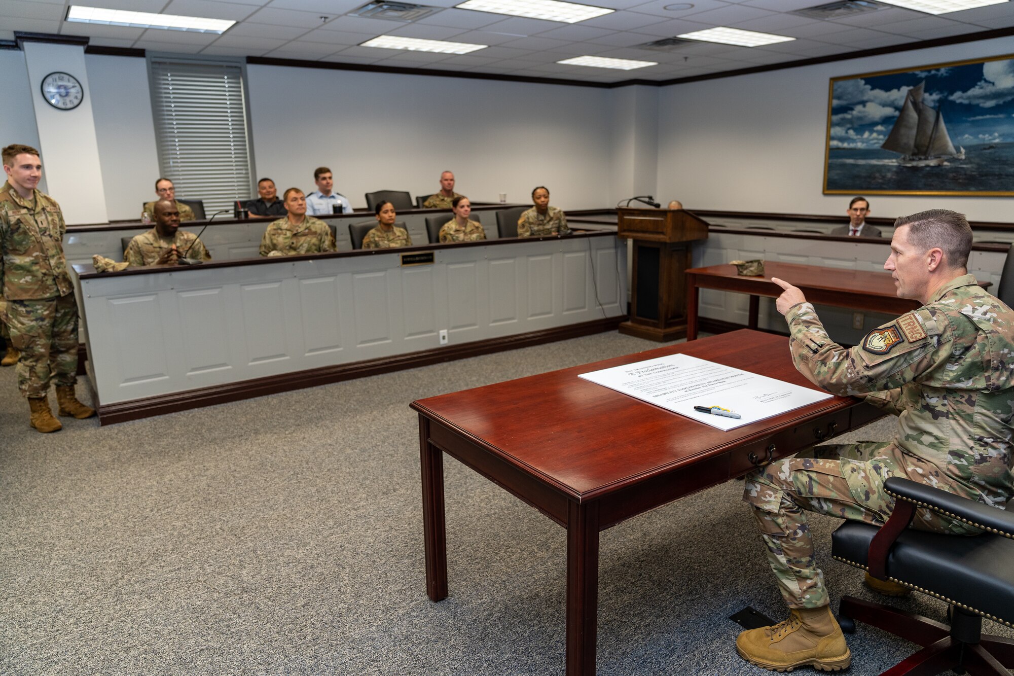 U.S. Air Force Col. Billy Pope Jr., 81st Training Wing commander, signs the National Disability Employment Month proclamation at Keesler Air Force Base, Mississippi, Oct. 05, 2023.