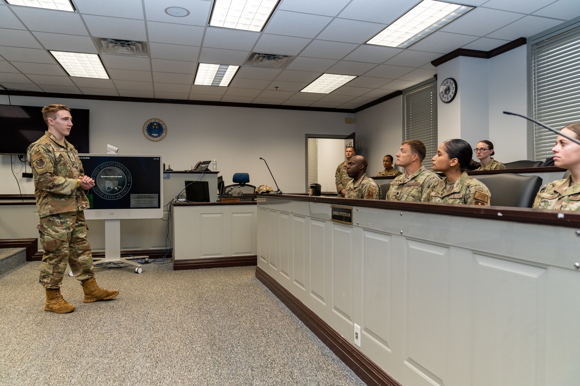 U.S. Air Force 1st Lt. Brian Friery, 81st Training Wing Judge Advocate civil law chief, tells other Airmen about upcoming events for National Disability Employment Month at Keesler Air Force Base, Mississippi, Oct. 5, 2023.