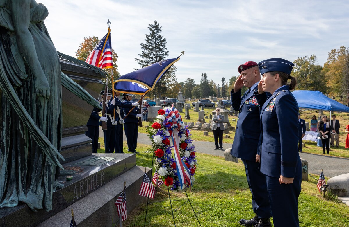 Air Force Maj. Gen. Denise Donnell, commander of the New York Air National Guard, and Command Chief Master Sgt. Michael Hewson, senior enlisted leader for the New York Air National Guard, salute after placing a wreath from the White House at the gravesite of President Chester Arthur during a ceremony at Albany Rural Cemetery in Menands, New York, Oct. 5, 2023. Since 1967, military officers have placed a wreath from the current president at the graves of their predecessors on their birthday.