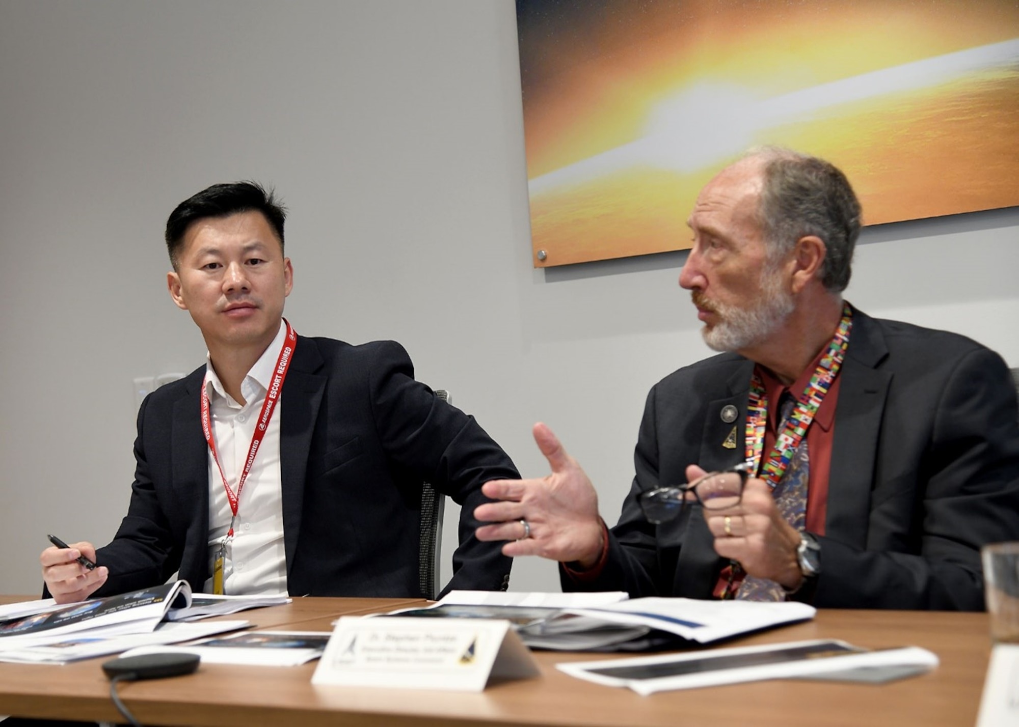 Col. Hyunjin Park, DPA R&D Program team lead, listens as Space Systems Command’s Dr. Steve Pluntze makes a point during a visit by the Korean Defense Acquisition Program Administration to learn more about the field Command’s acquisition practices. (Photo by Jose Lou Hernandez, SSC)