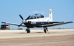 A T-6A Texan II taxis down the flight line during Surge Week at Laughlin Air Force Base, Texas, Sept. 29, 2023. The T-6 is a training aircraft utilized by U.S. Air Force pilots. (U.S. Air Force photo by Airman 1st Class Keira Rossman)