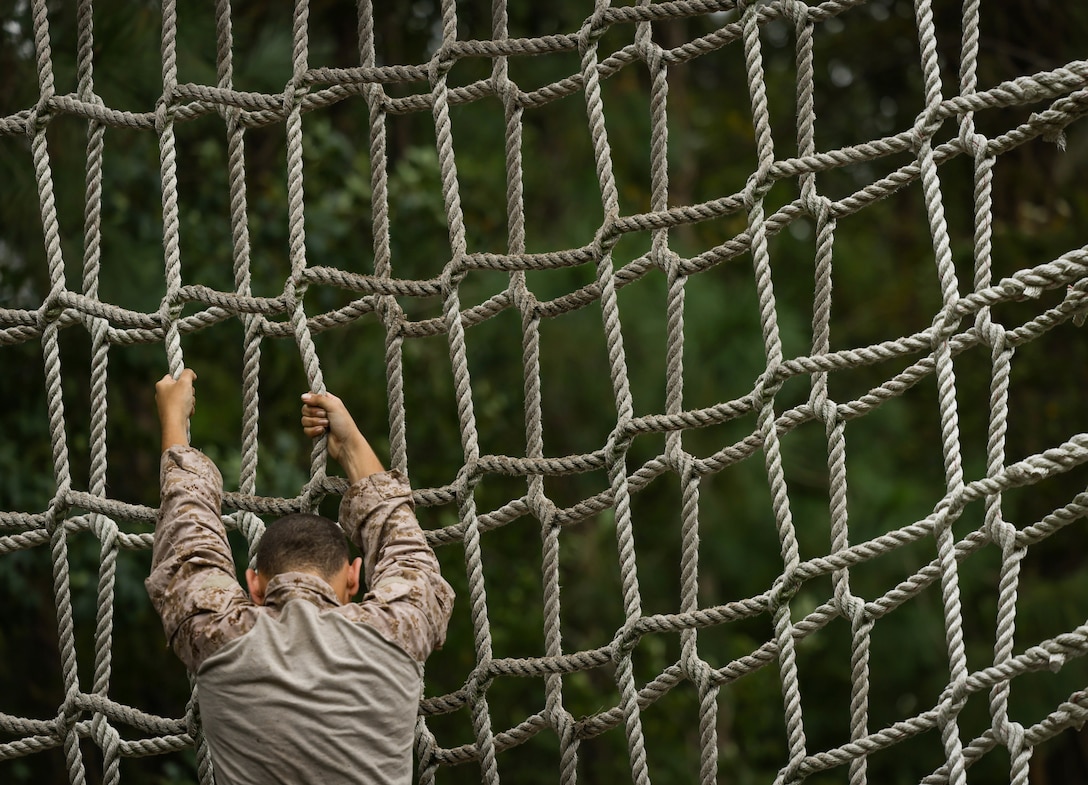 Recruits with Hotel Company, 2nd Recruit Training Battalion, conduct the Confidence Course on Marine Corps Recruit Depot Parris Island, S.C., Sep. 27, 2023. After demonstrations, recruits complete various physically and mentally challenging obstacles. (U.S. Marine Corps photo by Lance Cpl. Ava Alegria)