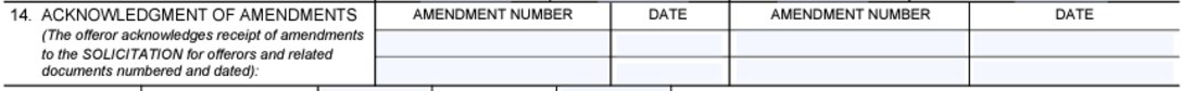 Box 14 of the Solicitation, Offer, and Award Form (SF33) for Acknowledgement of Amendments section. See adjacent text or context for equivalent information of image.