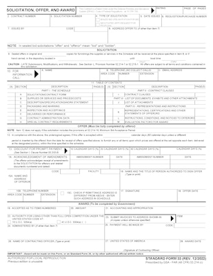 Overview of the entire Solicitation, Offer, and Award Form (SF33) first page. See article information for equivalent information of image.