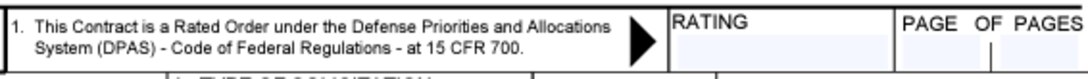Box 1 of the Solicitation, Offer, and Award Form (SF33) for DPAS Rating labeled "This Contract is a Rated Order under the Defense Priorities and Allocations System (DPAS) - Code of Federal Regulations at 15 CFR 700" with Rating and Page of Pages fields.