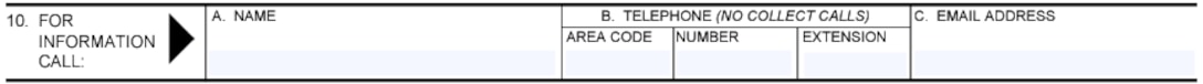 Box 10 of the Solicitation, Offer, and Award Form (SF33) for "For Information Call" box that gives name, telephone details, and email address of the person to communicate with if any questions concerning SF33.