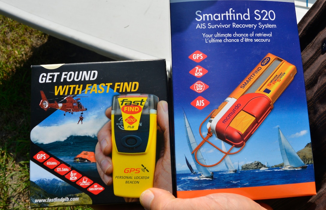 On his 2015 record voyage, Robert brought two different types of personal locator beacons. One (left) would transmit a signal to alert search and rescue professionals of his position in case of an emergency while the other (right) would transmit to commercial traffic.