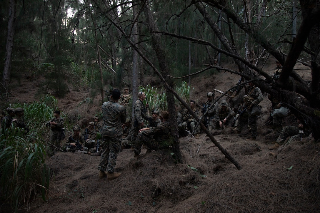 U.S. Marines with Advanced Infantry Training Battalion, School of Infantry-West, Hawaii Detachment, receive a brief on patrol base vertailities by the course staff during an Advanced Infantry Marine Course, Kahuku Training Area, Hawaii, June 26, 2023. AIMC is advanced infantry training designed to enhance and test Marines’ skills with a focus on reinforcing proper patrols and operational procedures. (U.S. Marine Corps photo by Lance Cpl. Terry Stennett III)