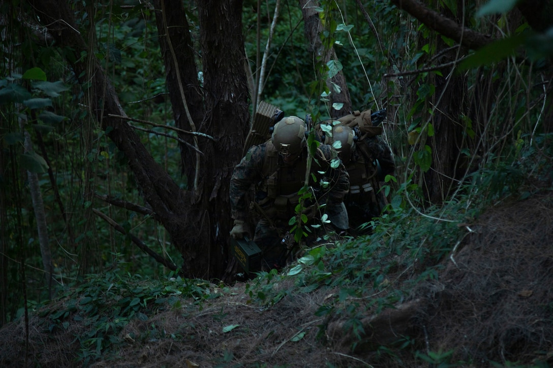 U.S. Marines with Advanced Infantry Training Battalion, School of Infantry-West, Hawaii Detachment, climb a hill to set up a patrol base during an Advanced Infantry Marine Course, Kahuku Training Area, Hawaii, June 26, 2023. AIMC is advanced infantry training designed to enhance and test Marines’ skills with a focus on reinforcing proper patrols and operational procedures. (U.S. Marine Corps photo by Lance Cpl. Terry Stennett III)