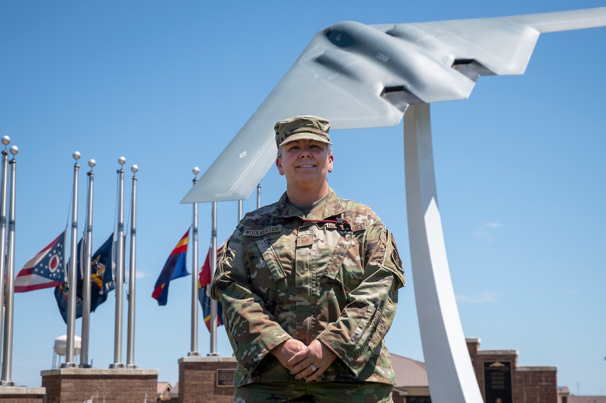 Master Sgt. Ashlea Woolverton, 131st Bomb Wing command post superintendent, poses for a photo at Whiteman Air Force Base, Missouri, May 14, 2023. Woolverton responded to a traffic accident on the way to work in December 2022, using basic Air Force medical training to save the life of another person. (U.S. Air National Guard photo by Senior Airman Kelly Ferguson)