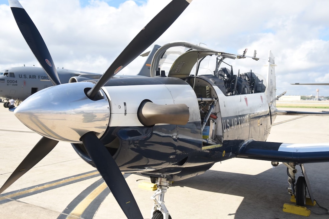 A front corner view of the exterior of a T-6.