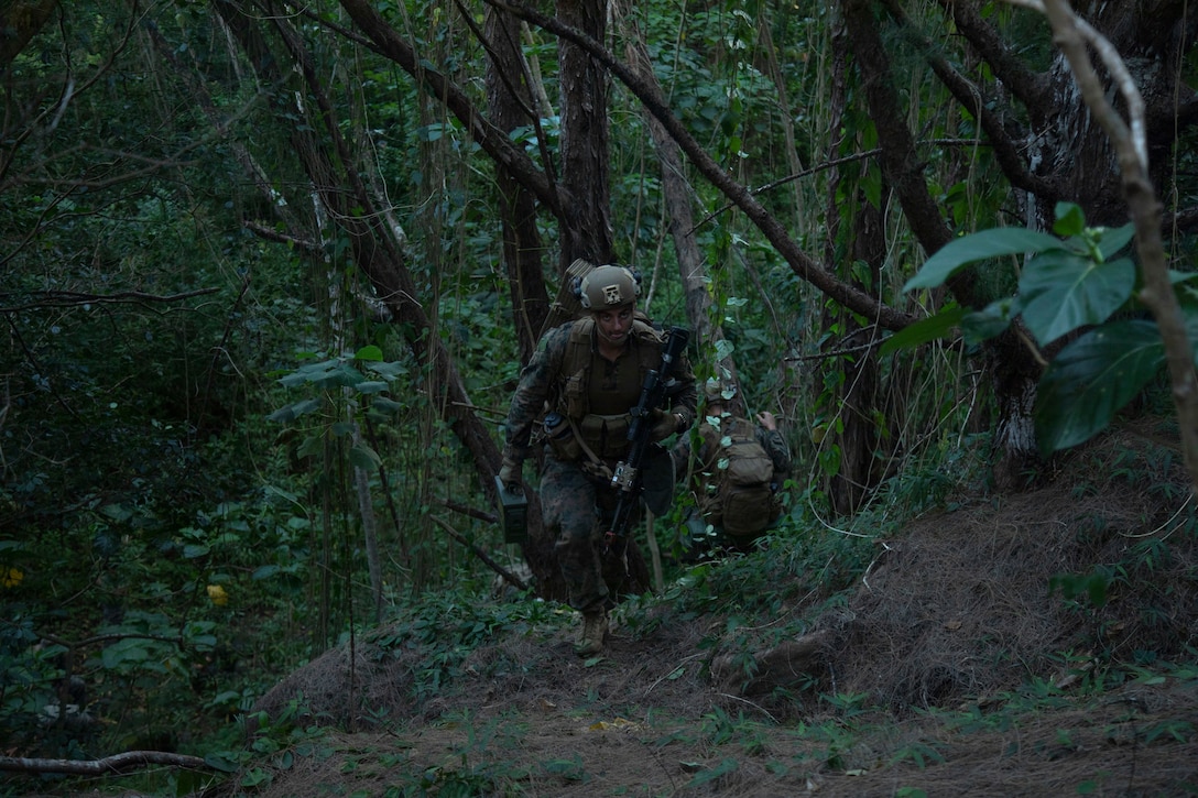U.S. Marines with Advanced Infantry Training Battalion, School of Infantry-West, Hawaii Detachment, climb a hill to set up a patrol base during an Advanced Infantry Marine Course, Kahuku Training Area, Hawaii, June 26, 2023. AIMC is advanced infantry training designed to enhance and test Marines’ skills with a focus on reinforcing proper patrols and operational procedures. (U.S. Marine Corps photo by Lance Cpl. Terry Stennett III)