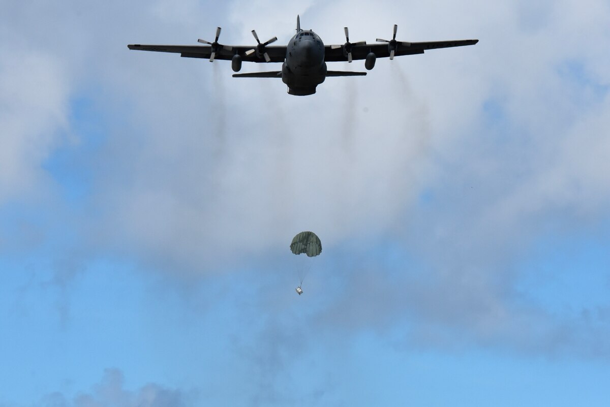 U.S. Air Force Reserve air crews practice their Low Cost, Low Altitude drops from a C-130H Hercules.