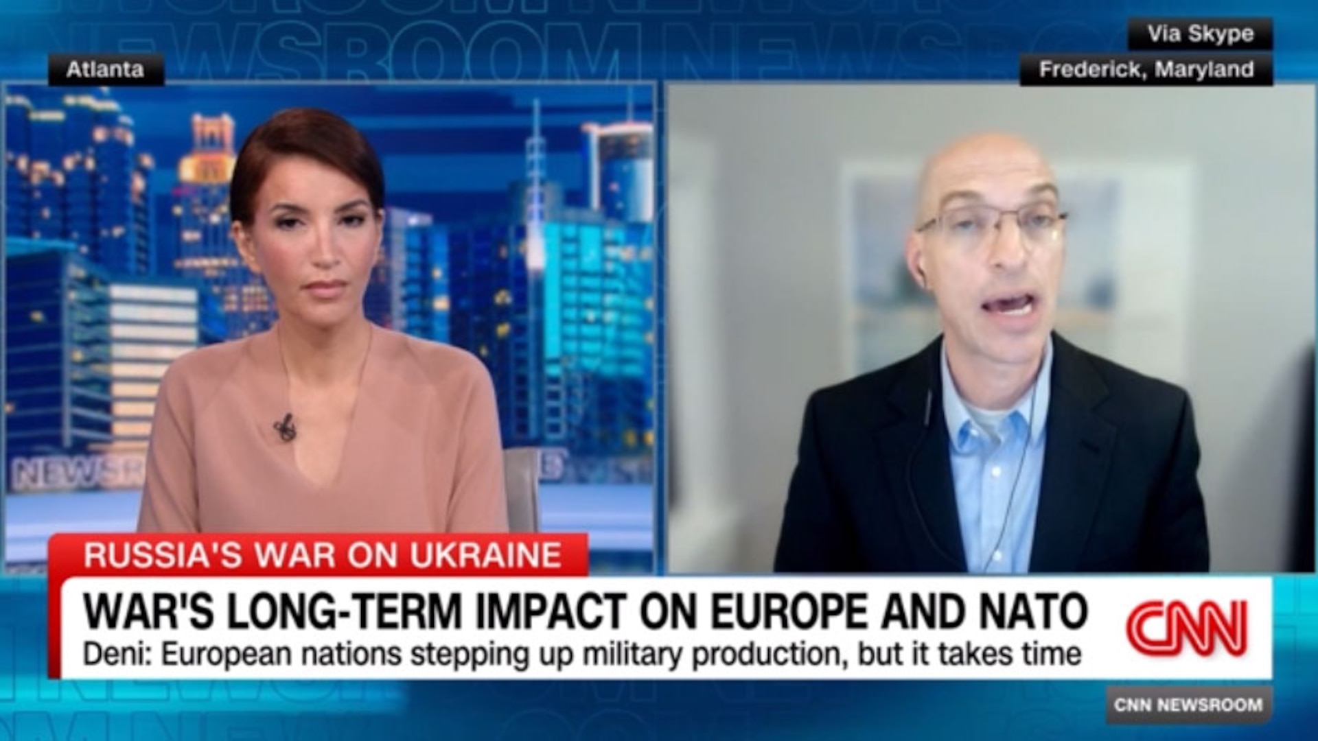 Expert Analysis on Latest Attacks in Ukraine
US Army War College | Strategic Studies Institute

Military expert John Deni talks to CNN's Laila Harrak about Russian attacks on civilians, and the question of U.S. aid.
Expert analysis on latest attacks in Ukraine | CNN (https://www.cnn.com/videos/world/2023/10/07/exp-ukraine-laila-guest-fst-100702aseg1.cnn)

CNN Host Laila Guest interviews John R. Deni on the current situation in Ukraine. 

Photo is a screenshot of the CNN interview.