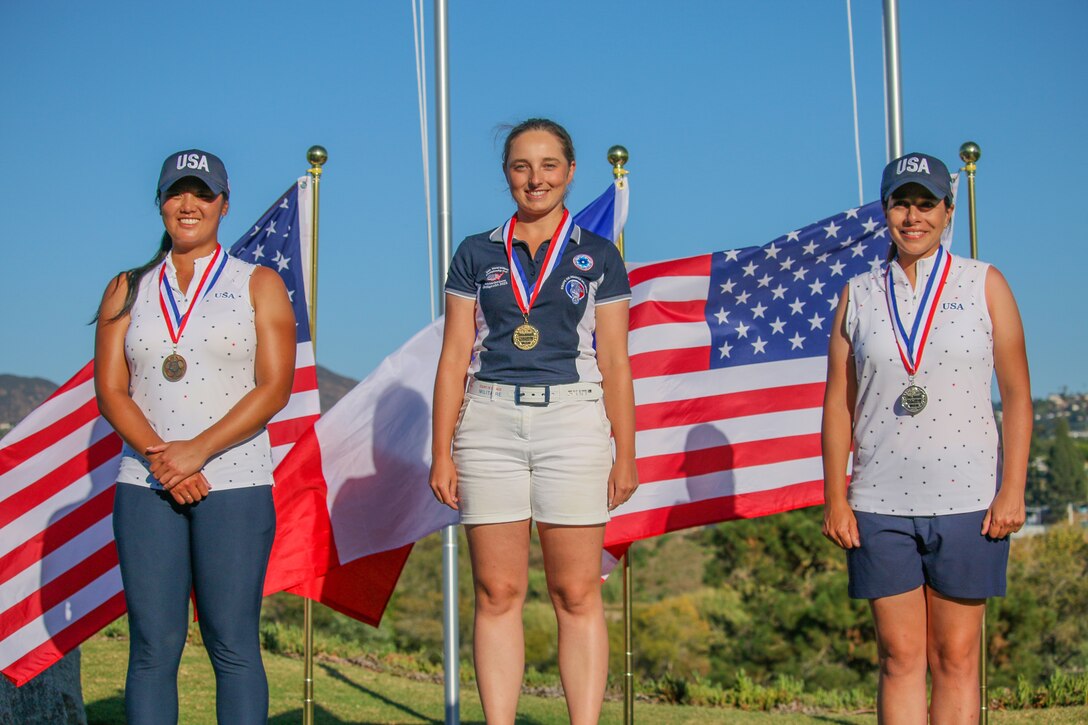 From left to right, winners of the Women's Division: Kimberly Liu (USA) - Bronze, Pauline Stein (France) - Gold, Melanie De Leon (USA) - Silver.  14th Edition of the Conseil International du Sport Militaire (CISM) World Military Golf Championship held at the Admiral Baker Golf Course in San Diego, Calif., hosted by Naval Base San Diego, Calif.  Nations from Bahrain, Canada, Denmark, Dominican Republic, Estonia, France, Germany, Ireland, Italy, Kazakhstan, Kenya, Latvia, Netherlands, Sri Lanka, Tanzania, Zimbabwe, and host USA compete for gold. Department of Defense Photo by Ms. Theresa Smith - Released.