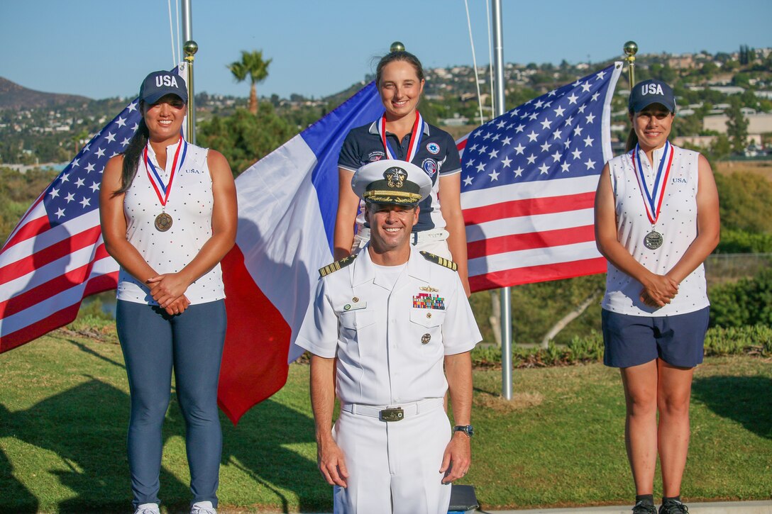 Winners of the Women's Division from left to right:  Bronze Medalist Kimberly Liu (USA), Golf Medalist Pauline Stein (France), and Silver Medalist Melanie De Leon (USA).  14th Edition of the Conseil International du Sport Militaire (CISM) World Military Golf Championship held at the Admiral Baker Golf Course in San Diego, Calif., hosted by Naval Base San Diego, Calif.  Nations from Bahrain, Canada, Denmark, Dominican Republic, Estonia, France, Germany, Ireland, Italy, Kazakhstan, Kenya, Latvia, Netherlands, Sri Lanka, Tanzania, Zimbabwe, and host USA compete for gold. Department of Defense Photo by Ms. Theresa Smith - Released.
