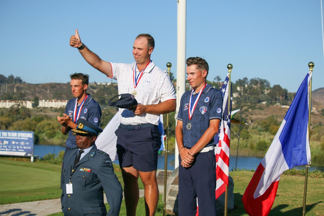 Men's Open Winners from left to right:  Nicolas Muller (France), Jacob Meloche (USA), and Maxime Mathey (France).  14th Edition of the Conseil International du Sport Militaire (CISM) World Military Golf Championship held at the Admiral Baker Golf Course in San Diego, Calif., hosted by Naval Base San Diego, Calif.  Nations from Bahrain, Canada, Denmark, Dominican Republic, Estonia, France, Germany, Ireland, Italy, Kazakhstan, Kenya, Latvia, Netherlands, Sri Lanka, Tanzania, Zimbabwe, and host USA compete for gold. Department of Defense Photo by Ms. Theresa Smith - Released.