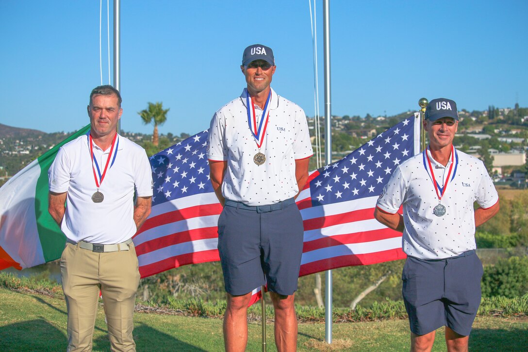 From left to right, medalists of the Senior's Division: Bronze Medalists Joe Hannigan (Ireland), Gold Medalist Kyle Wesolowski (USA), and Silver Medalist Alan King (USA); 14th Edition of the Conseil International du Sport Militaire (CISM) World Military Golf Championship held at the Admiral Baker Golf Course in San Diego, Calif., hosted by Naval Base San Diego, Calif.  Nations from Bahrain, Canada, Denmark, Dominican Republic, Estonia, France, Germany, Ireland, Italy, Kazakhstan, Kenya, Latvia, Netherlands, Sri Lanka, Tanzania, Zimbabwe, and host USA compete for gold. Department of Defense Photo by Ms. Theresa Smith - Released.
