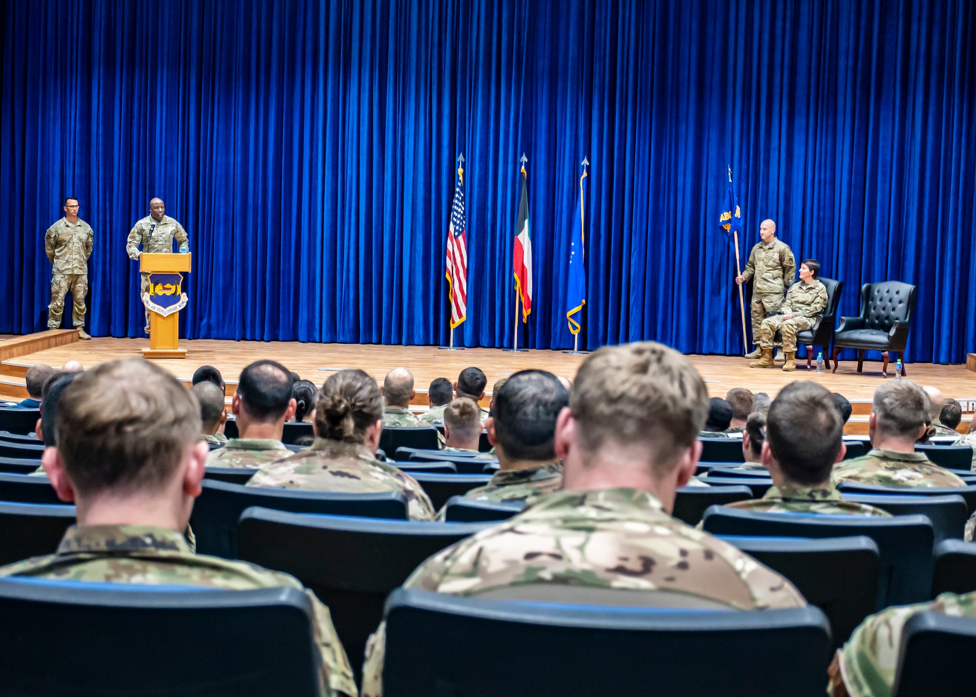 U.S. Air Force Col. Adeleke Ekundayo, 386th Expeditionary Air Base Group commander, addresses his new group during an assumption of command ceremony at Ali Al Salem Air Base, Kuwait, Oct. 3, 2023.