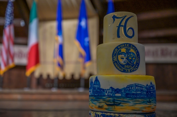 The Air Force Ball cake is set on display.